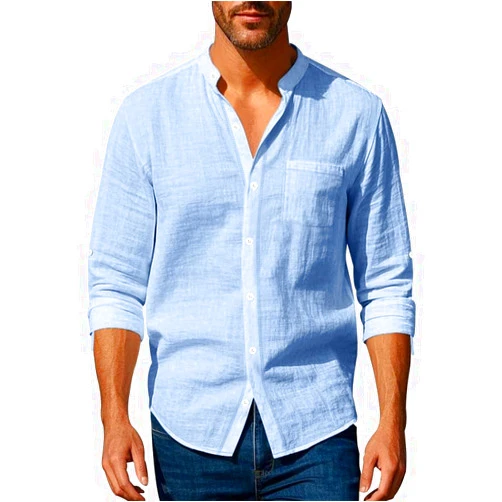 LIZALIG Men's Linen Blend Casual Shirt Long-Sleeve Solid-Color Button-Down Henley Shirts for Vacation and Business