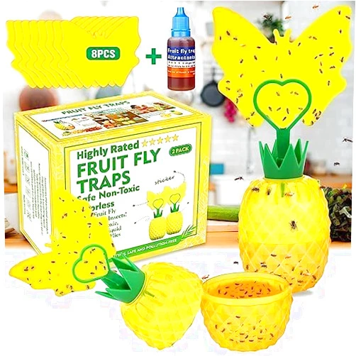 Defendy Fruit Fly Traps with Sticky Pads, Fruit Flies Gnat Killer for Plant Indoor Outdoor, Yellow Gnat Sticky Traps with 1 Refills, Fly Catcher Gnat Trap Killer, Non-Toxic and Odorless Fly Trap 2 Pack