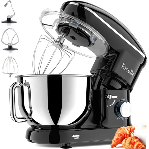 Facelle Stand Mixer, 660W 6 Speed Electric Kitchen Mixer with Pulse Button, Attachments include 6.5QT Bowl, Dishwasher Safe Beater,Dough Hook,Whisk & Splash Guard for Dough,Baking,Cakes,Cookie(Black)