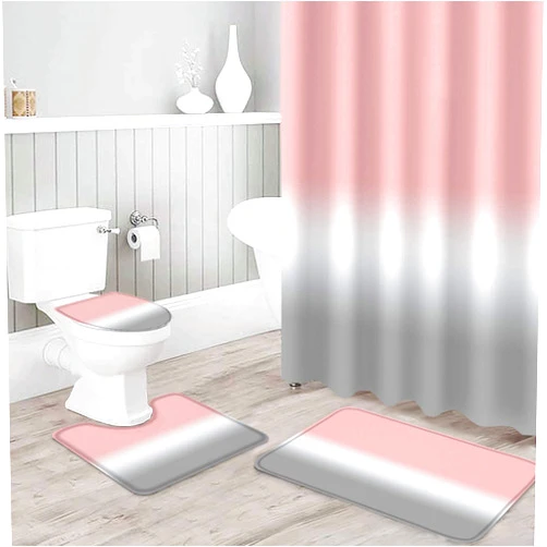 jieprom 4PCS Peach Pink Grey Ombre Shower Curtain Set with Rugs, Toilet Lid Cover and Bath Mat, Gradient Color Shower Curtain with 12 Hooks, Durable Bathroom Decor Set