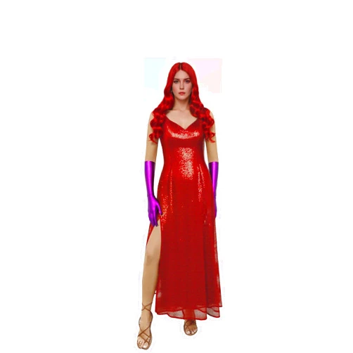 MAPLECOS Womens Jessica Rabbit Costume Anime Singer Cosplay Sequin Red Dress with Gloves and Wig