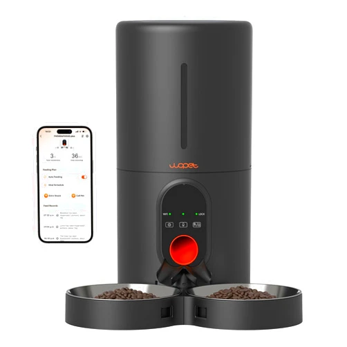 WOPET Automatic Cat Feeder, 5G WiFi Pet Feeder for Two Cats or Dogs with Remote Control, 6L Cat Food Dispenser with Low Food Sensor, 1-10 Meals Per Day, Up to 10s Meal Call for Pets