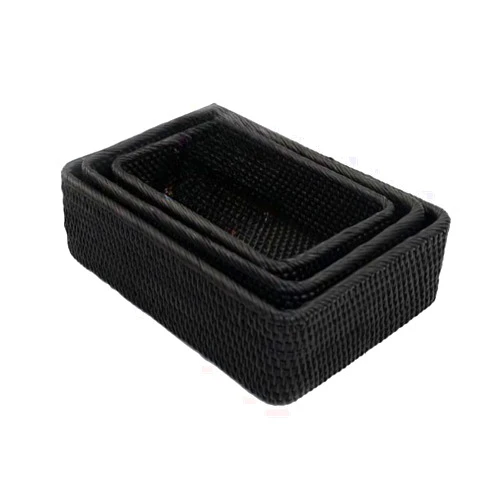 ShelterCast Rattan Serving Tray Handwoven Tray Home Decorative Organizer Tray Breakfast, Tea, Snack, Fruit, Coffee Storage, Toilet Tank, Kitchen Vanity countertop Tray Set of 3 (Black)