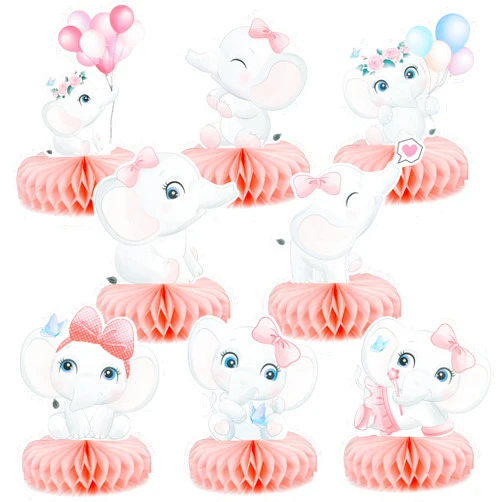Rerekiki 8 Pcs Pink Elephant Honeycomb Centerpieces - Girls Shower Party Supplies Gender Reveal Table Decorations, Elephant Themed Baby Shower Birthday Party Photo Props Desktop Toppers