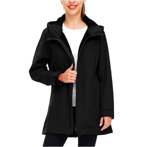 wantdo Women Softshell Jacket Fleece Lined Hooded Rain Coat Waterproof Windproof Windbreaker Jacket Lightweight Long Coat