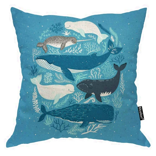 Moslion Fish Pillows Nature Nautical Ocean Sea Seaweed Coral Whale Shark Dolphin Throw Pillow Cover Decorative Pillow Case Square Cushion Accent Cotton Linen Home 18x18 Inch Blue