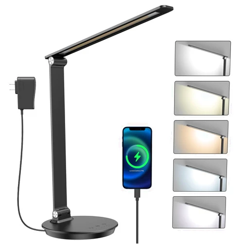 MONGERY LED Desk Lamp with USB Charging Port, Touch Control Dimmable Office Lamp, 5 Color Modes 6 Brightness Levels Eye-Caring Table Lamp for Home Office Bedroom Reading Study, Black