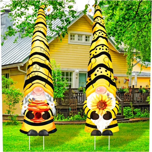Capoda 2 Pcs Summer Yard Sign Gnome Yard Decorations 47 x 13 Inch Large Cute Bee Gnome Sunflower Honeycomb Garden Decor Lawn Sign with Stakes for Summer Holiday Outdoor Patio Summer Party Supplies