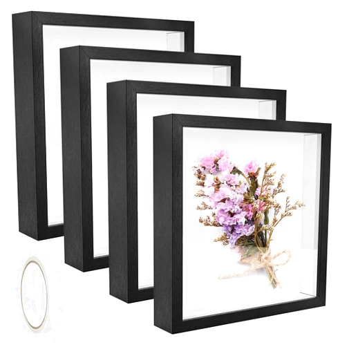 IWOLOMI 4 Pack 8 x 8 Shadow Box Picture Frame 3D Frames Shadow Box Square Shadow Boxes Display Cases with Adhesive Tape for Baby Items Wedding Memories Crafts Awards Medals Tickets and Photos (Black)