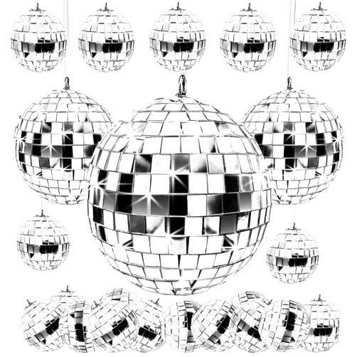 Fibye 24 Pcs Mirror Disco Ball Hanging, Glass Disco Ball Decor, Silver Disco Party Decorations, Disco Ball Ornament for Holiday Party Decor with Rope (4 Inch, 3. 2 Inch, 2 Inch)