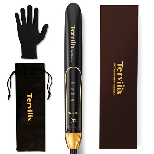 Terviiix 100% Titanium Flat Iron, 24K Salon Professional Hair Straightener and Curler 2 in 1, Non-Snagging Straightening Iron for One Swipe, 15s Ultra Fast Heating, Dual Voltage, Auto Shut Off, 1''