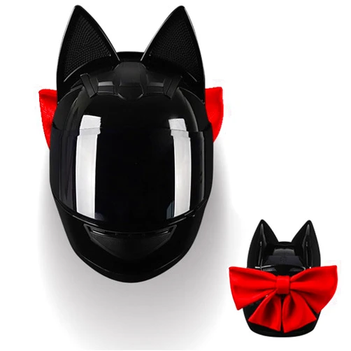 CYYFULE Full Face Cat Ear Helmet with Bluetooth and Bow, Bluetooth Motorcycle Helmets, Men and Women Cool Cute Cat Full Face Helmet, DOT Certified Motorbike Helmet for Adult,Motocross,Moped
