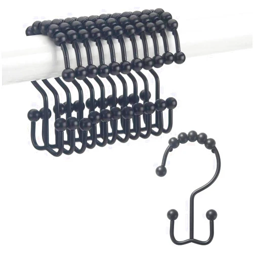 SunnyFellow Metal Double Glide Shower Hooks Rings,Rust-Resistant Stainless Steel Metal Hook, Roller Balls Glide on Shower Rods, Set of 12（Black