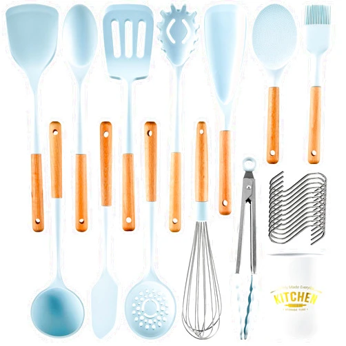 KEIDASON Kitchen Cooking Utensils Set, 13 Piece Wooden Handle Silicone Cookware Set with Stand,Nonstick Heat Resistant Silicone Tool Set - Morandi Blue（ BPA Free）