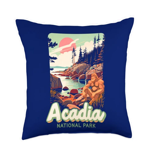 Yeti Habitation Project - Bigfoot & Sasquatch Art Acadia National Park Sasquatch WPA Classic Maine Art Throw Pillow, 18x18, Multicolor
