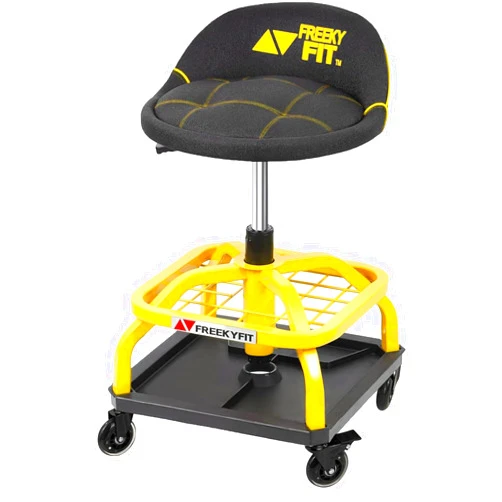 FreekyFit Rolling Shop Stool with Wheels, Garage Work Mechanic Stool with Backrest, Roller Mechanic Chair, Adjustable Height, 360° Swivel, Tool Tray Storage, 330 LBS Capacity, Heavy Duty, Yellow