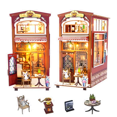 JOYDREAM Book Nook Kits for Adults DIY Book Nook Kit 3D Wooden Puzzle Booknook Miniature House Kit with LED Light and Music Box, Bookshelf Insert Decor Magic Booknooks DIY Crafts Gifts, Cafe Shop