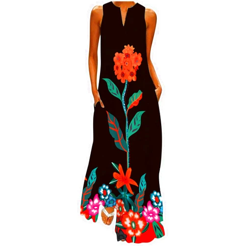 SMIDOW Womens Summer Elegant Long Dress with Pockets Fashion Floral Print Sleeveless Maxi Dress Casual Floor Length Dress