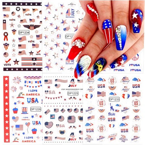 LRKNNO 6 Sheets 4th of July Nail Art Stickers, American Flag Patriotic Independence Day Nail Decals USA Flags 3D Self-Adhesive Heart Star Design America Holiday Nail Stickers for Memorial Day DIY Nail Decor