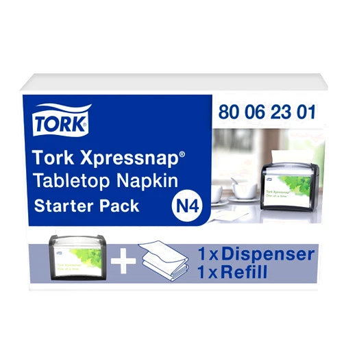 Tork Xpressnap Tabletop Napkin System Starter Pack Black N4, Dispenser and 1 x 500 One-at-a-Time Dispensing Napkins, 80062301