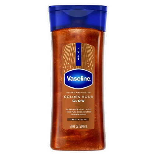 Vaseline Glazed and Glisten Golden Hour Body Gel Oil Glow Vanilla Cocoa Shimmering with Ultra-Hydrating Lipids and 100% Pure Cocoa Butter, 6.8 Oz