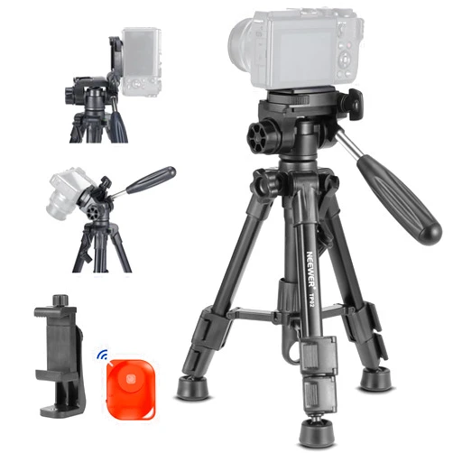 NEEWER Basic Mini Desk Tripod for iPhone & Camera with 3 Way Pan Tilt Head, Handle & Remote, Metal Portable Table Top Video Phone Tripod with 1/4