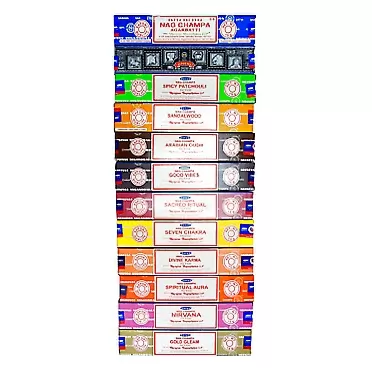 Nag Champa Spicy Patchouli,Sandalwood,Arabian Oudh,Good Vibes,Sacred Ritual,Seven Chakra,Divine Karma,Spiritual Aura,Nirvana,Gold Gleam,Incense Sticks Set of 12 Pieces-Assorted