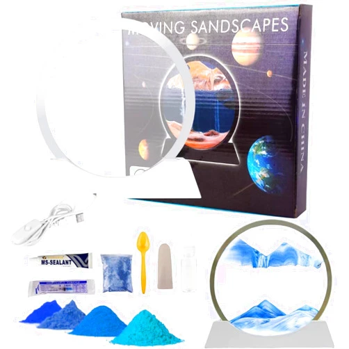 BGFJYUK Moving Sand Art Picture in Motion DIY Kit, Round Glass 3D Deep Sea Sandscapes with Display Flowing Sand Frame for Relaxing Desktop Home Office Work Décor, Making kit for Adults (Blue,7inch)