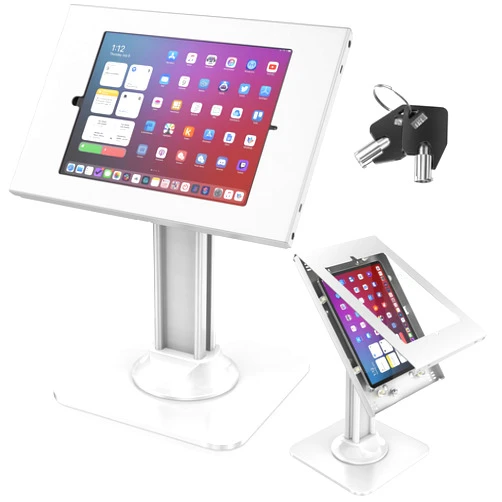 AboveTEK Anti-Theft iPad Kiosk Stand – POS iPad Security Stand & Locking Tablet Stand – Heavy Duty Base, 360° Swivel, 75° Tilt Bracket – Retail Business for iPad/iPad Air/iPad Pro (White)