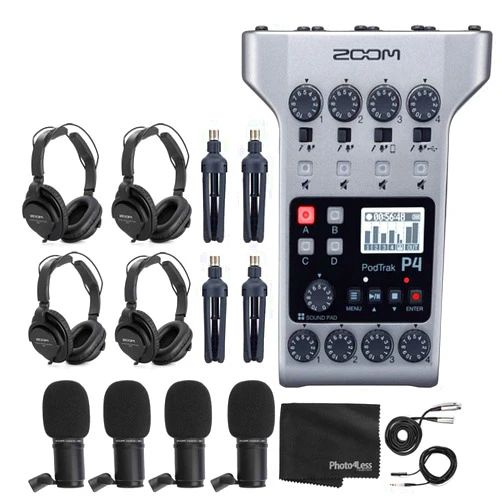 Zoom PodTrak P4 Portable Multitrack Podcast Recorder + 4x Zoom M-1 Mic + 4x Headphones + Windscreens + XLR Cables + 4x Tabletop Stand + Cloth – 4 Person Podcasting Mic Pack Bundle