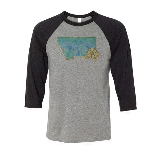 TeesAndTankYou Watercolor Montana Three-Quarter Raglan Sleeve Baseball Shirt Unisex