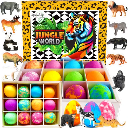Mineral Me California Bath Bombs for Kids with Surprise Inside- 12 pk Kids Bath Bombs with Jungle Toys, Organic, Natural, Skin-Moisturizing Bubble BathBombs. Birthday Gifts for Boys, Girls, Toddlers