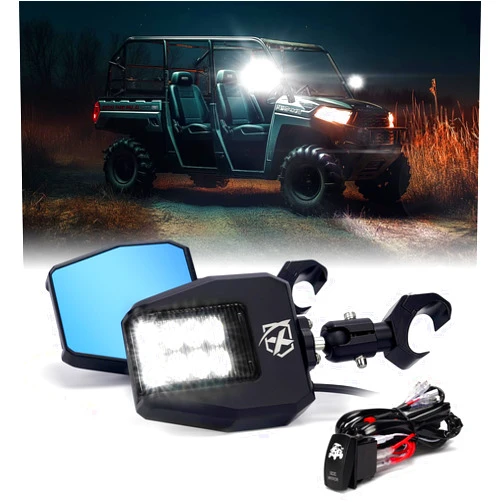 Xprite UTV Side View Mirrors,Heavy Aluminum w/LED Spot Lights UTV Rearview Mirrors Compatible with Pro-Fit Polaris Ranger General Can-Am Defender Maverick Trail Kawasaki Commander Smoke Lens