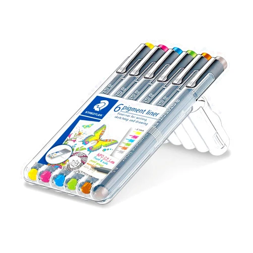STAEDTLER Pigment Liner, Fineliner Pen For Drawing, Drafting, Journaling, Set of 6 Assorted Colors, 30805S2SB6