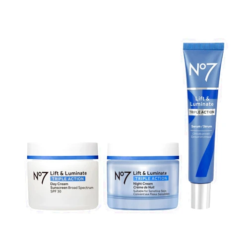 No7 Lift & Luminate Triple Action Skincare Set - Broad Spectrum Anti Aging Day Cream SPF 30 + Vitamin C Wrinkle Serum + Collagen Peptide Brightening Night Cream (3 Piece Kit)