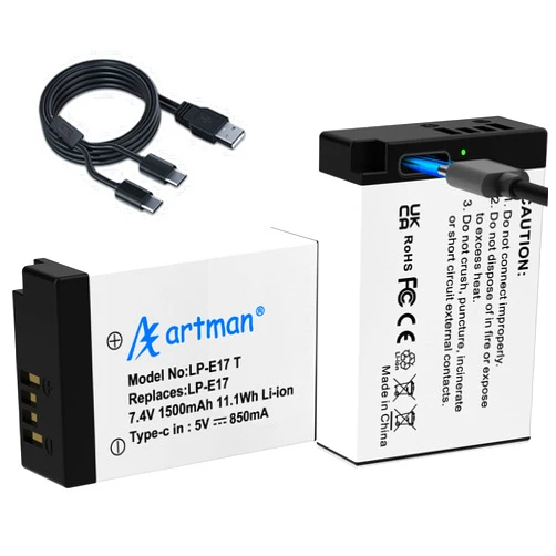 A Artman Artman LP-E17 Battery 2-Pack Upgraded 1500mAh with Type-C Direct Charging Port for Canon EOS R100 R50 R10 R8 RP, Rebel T8i T7i T6i T6s, SL2 SL3, EOS M3 M5 M6, 77D 200D 250D 750D 760D 800D 8000D Camera