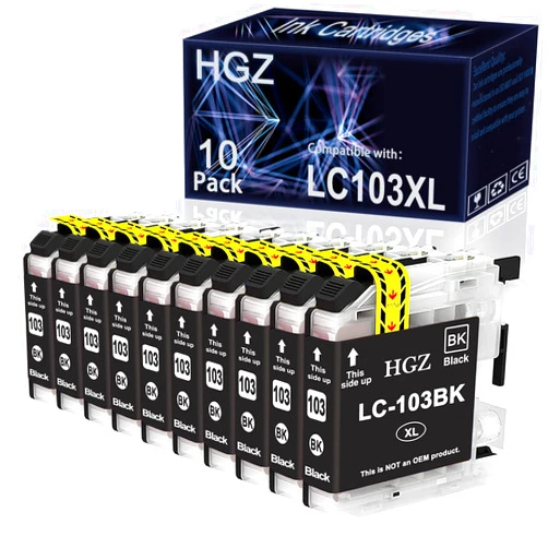 HGZ 10 Pack LC103XL Black Ink Cartridge Replacement for LC103 LC-103XL Compatible with MFC-J245 MFC-J285DW MFC-J450DW MFC-J475DW MFC-J650DW MFC-J870DW MFC-J875DW Printer (10 Black)
