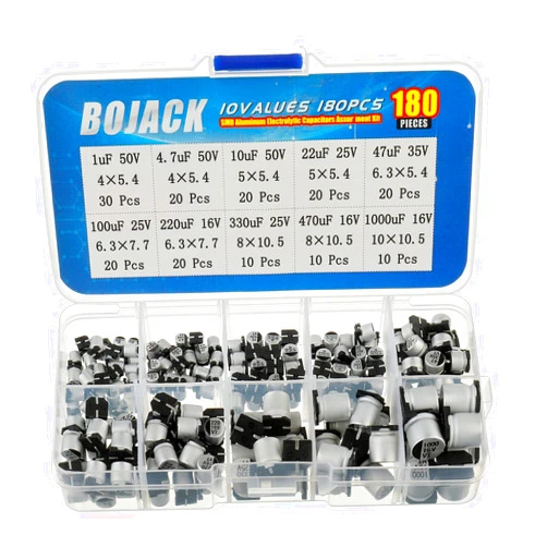 BOJACK 10 Values 180 Pcs 1uF ~ 1000uF SMD Aluminum Electrolytic Capacitors Assortment Kit
