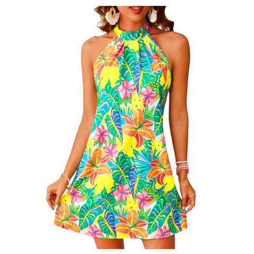 Floerns Women's Sleeveless Floral Print Sundress Halter Neck A Line Short Dress
