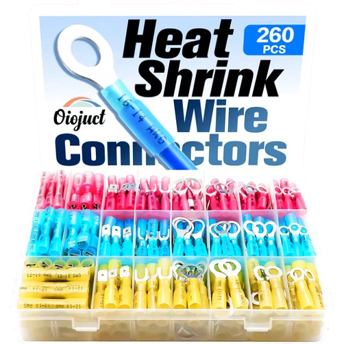 Oiojuct 260Pcs Heat Shrink Wire Connectors Kit - Marine Automotive Electrical Connectors - Crimp Terminal Set for Electrical Wiring - Waterproof Fork Spade Ring Butt Connector Assortment