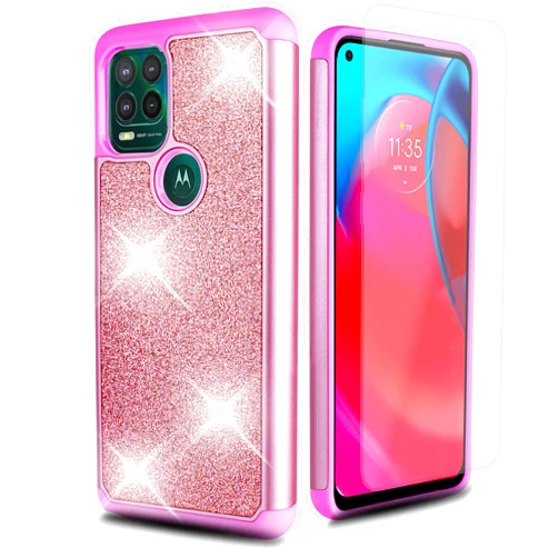 Thousandgear Designed for Samsung Galaxy A42 5G with Tempered Glass, Phone Case Glitter Sparkle Protective Shockproof Rugged Bumper Cover, Impact Resist Durable Phone Case Cover (Pink)