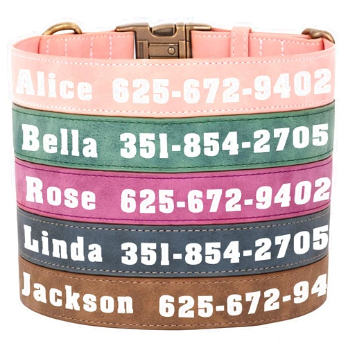 KINYABLUE Custom Leather Dog Collar for Large Dogs, Soft Green Dog Collar Personalized with Large Name and Phone Number, Adjustable Heavy Duty Dog Collars with Quick Release Metal Buckle, L (15-23