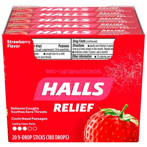 HALLS Relief Strawberry Flavor Cough Drops, 20 Sticks (180 Total Drops) 9 Count (Pack of 20)