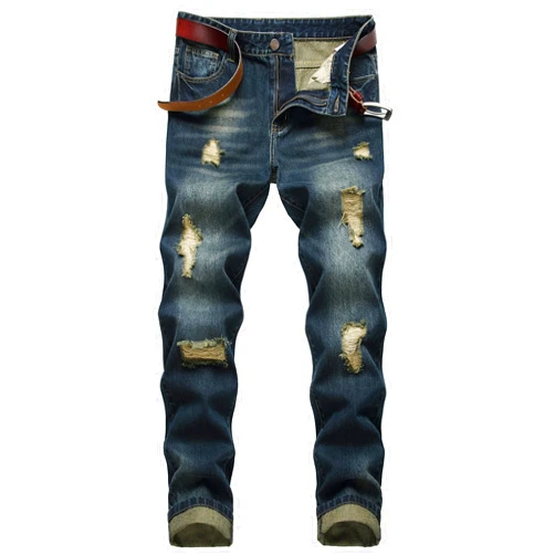 HualaiTe Men's Ripped Hole Slim-fit Casual Jeans