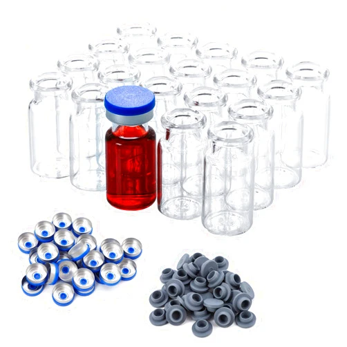 FOUR E'S SCIENTIFIC 200 Pack 10ml Glass Vials, Clear Glass Headspace Vials with Plastic-Aluminum Flip Off Caps and Rubber Stoppers, 20mm Transparent Flat Bottom Lab Vial