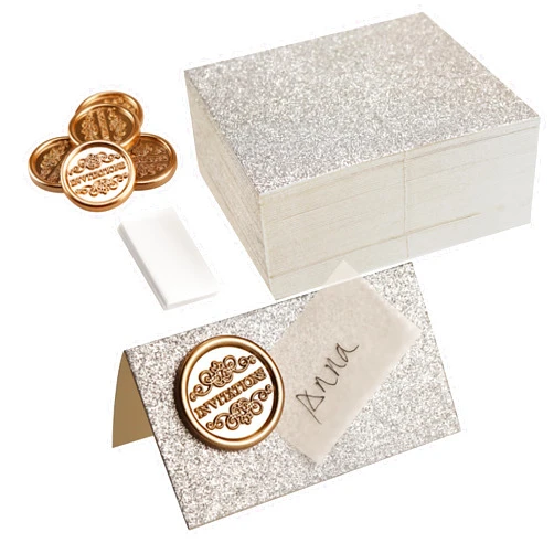 Fashmade 50Pcs Flash Place Name Cards For Table Setting With Gold Wax Seal Stickers Fold Personalized Handwriting (Silver)