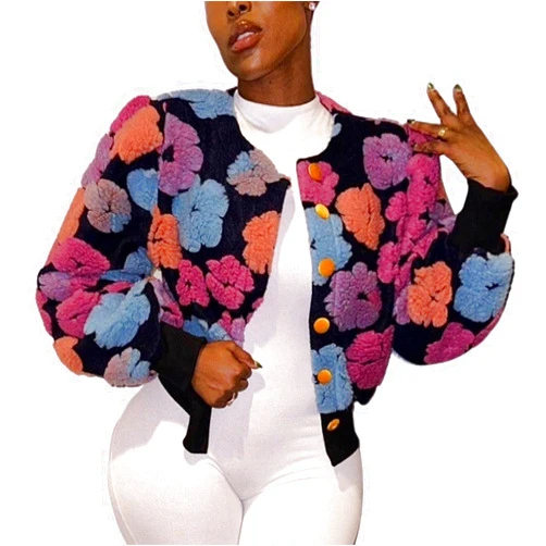Yimoon Womens Cropped Floral Print Jacket Puff Sleeve Fleece Bomber Jacket Button Down Fall Winter Warm Outerwear