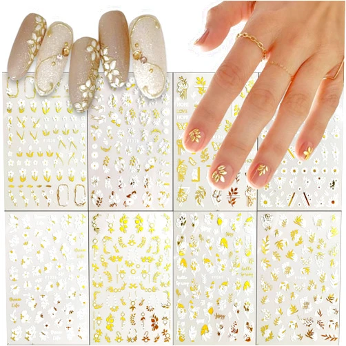 GUAACCB 8 Sheets White Gold Flower Nail Art Stickers 3D Self-Adhesive Daisy Floral Leaves Nail Decals Holographic Cherry Blossom Metal Petal Butterfly Nail Design for Women Nail Art Decorations Supplies