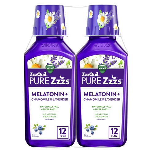 ZzzQuil Pure Zzzs Melatonin Liquid, Sleep Aid, Liquid Melatonin 2mg, with Chamomile & Lavender, Fall Asleep Fast, Melatonin Sleep Aids for Adults, Berry Flavored, 2 Pack, 24 FL OZ