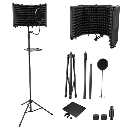 Moukey Microphone Isolation Shield with Pop Filter & Tripod Stand, Foldable Mic Shield with Triple Sound Insulation, High Density Mic Sound Shield for Recording Studio, Podcasts, Singing, Broadcasting
